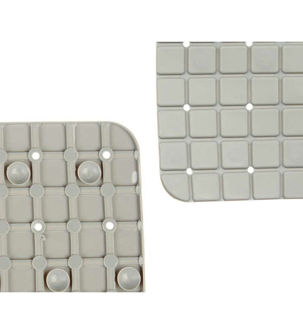 Set of six gray Berilo PVC anti-slip mats for shower floors, featuring a window pattern, measuring 67.7 x 38.5 cm.