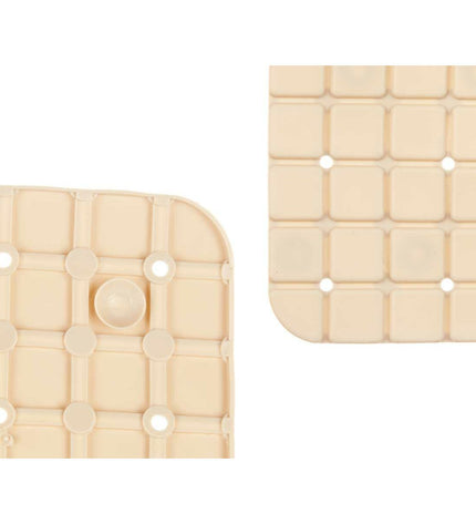 Six beige Berilo PVC anti-slip mats for shower floors, featuring a grid pattern, measuring 67.7 x 38.5 cm, ideal for bathroom safety.