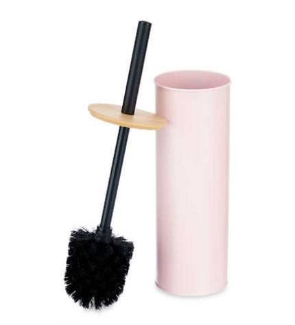 Set of six Berilo pink metal and bamboo toilet brushes with plastic handles, 27 cm tall, for bathroom cleaning.