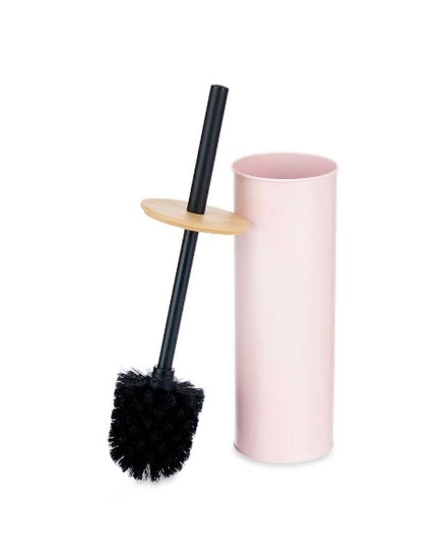 Set of six Berilo pink metal and bamboo toilet brushes with plastic handles, 27 cm tall, for bathroom cleaning.