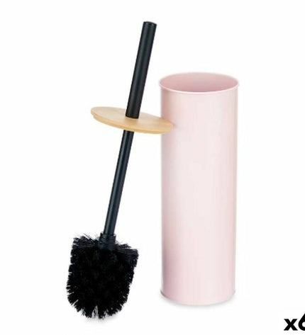 Berilo roze metalen toiletborstel met bamboe handvat, huis en badkamer, set van 6, 27 cm hoog, plastic onderdelen