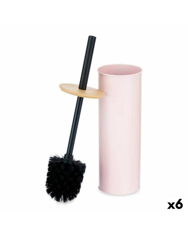 Berilo roze metalen toiletborstel met bamboe handvat, huis en badkamer, set van 6, 27 cm hoog, plastic onderdelen
