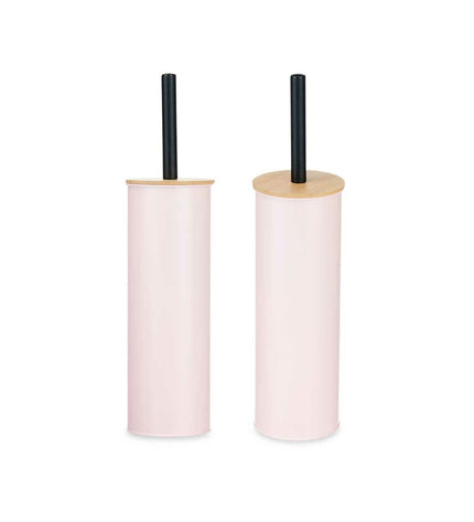 Set of six Berilo pink bathroom toilet brushes with metal and bamboo handles, 27 cm long, designed for household cleaning.
