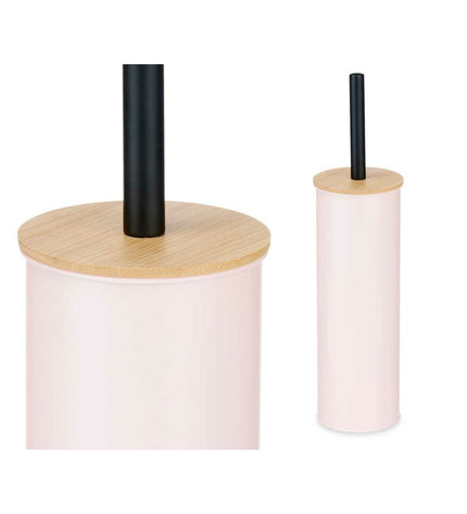 Set of six Berilo pink metal and bamboo toilet brushes with plastic handles, measuring 9.5 x 27 x 9.5 cm, for bathroom cleaning.