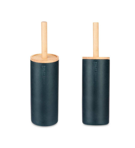 Set of four Berilo black wood and resin toilet brushes with black handles, measuring 10.2 x 38 x 10.2 cm, for bathroom use.
