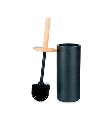 Set of four Berilo black wood and resin toilet brushes with holders, ideal for bathroom cleaning, measuring 10.2 x 38 x 10.2 cm.