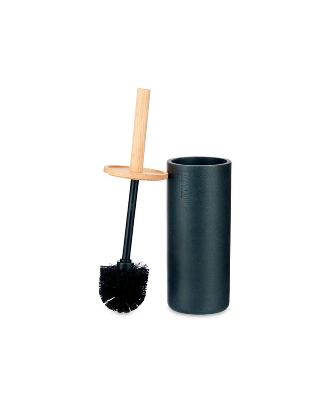 Set of four Berilo black wood and resin toilet brushes with holders, ideal for bathroom cleaning, measuring 10.2 x 38 x 10.2 cm.