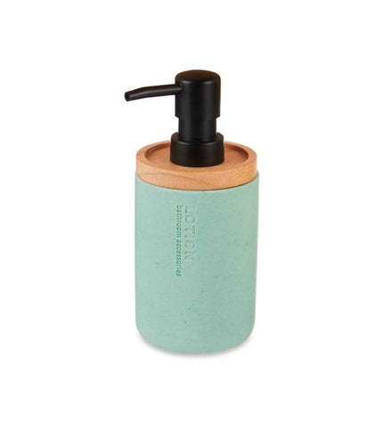 Set of six Berilo plastic soap dispensers with wooden accents, measuring 9.5x18.5x7.8 cm, suitable for bathroom and kitchen.