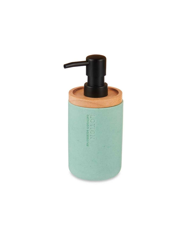Set of six Berilo plastic soap dispensers with wooden accents, measuring 9.5x18.5x7.8 cm, suitable for bathroom and kitchen.