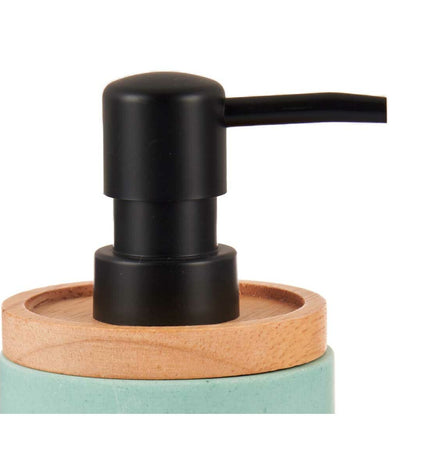 Berilo Zeepdispenser set with wood and plastic finish, 9.5x18.5x7.8 cm, suitable for bathroom and kitchen use.