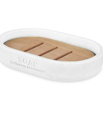 Set of six Berilo white bamboo soap dishes, 12.5x2.5x8.5 cm, designed for home and bathroom use.