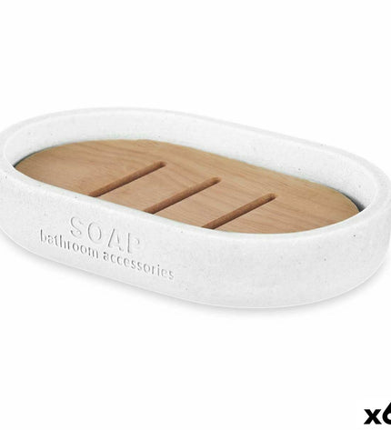 Set of six Berilo white bamboo soap dishes, 12.5 x 2.5 x 8.5 cm, designed for bathroom and home kitchen use.