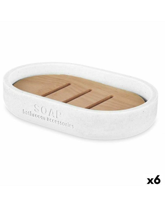 Set of six Berilo white bamboo soap dishes, 12.5 x 2.5 x 8.5 cm, designed for bathroom and home kitchen use.