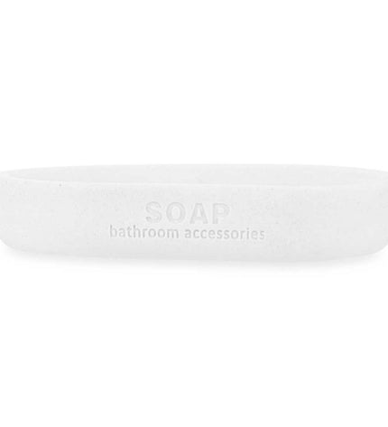 Set of six Berilo white bamboo soap dishes, 12.5 x 2.5 x 8.5 cm, designed for bathroom and house use.