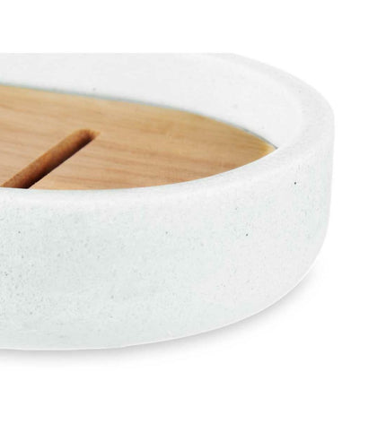 Set of six Berilo white bamboo soap dishes, 12.5 x 2.5 x 8.5 cm, designed for bathroom and kitchen use.