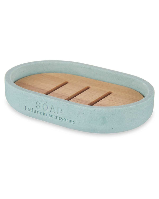 Set of six Berilo blue soap dishes made of bamboo, measuring 12.5 x 2.5 x 8.5 cm, suitable for bathroom and kitchen.