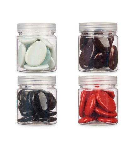 Set of 12 decorative garden stones in white, brown, black, and red, used for outdoor gift and garden décor.