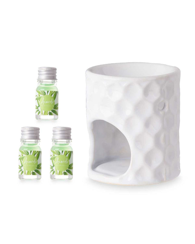 Acorde essentiële olie brander in bamboe, 11x19.8x6.5 cm, with 12 essential oils for home and kitchen decoration.