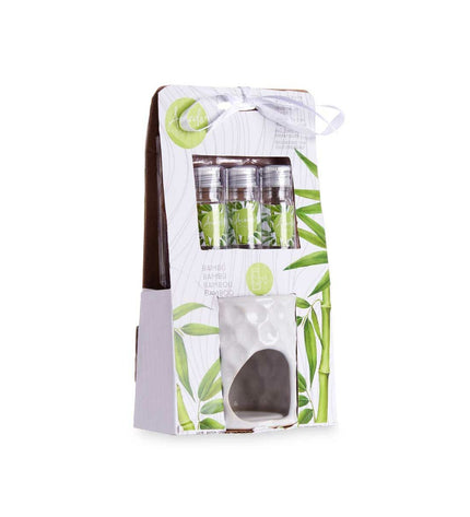 Acorde essential oil burner made of bamboo, 11x19.8x6.5 cm, with essential oils bottles, ideal for home decor and aromatherapy.