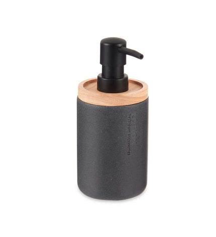 Set of six Berilo black wood and plastic soap dispensers for bathroom and kitchen, measuring 9.5 x 18.5 x 7.8 cm each.