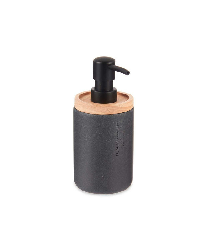Set of six Berilo black wood and plastic soap dispensers for bathroom and kitchen, measuring 9.5 x 18.5 x 7.8 cm each.