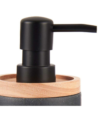 Set of six Berilo black wood and plastic soap dispensers for bathroom and kitchen, 9.5 x 18.5 x 7.8 cm, with a rustic design