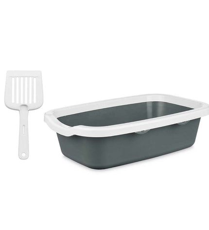 Set of 11 Mascow plastic cat litter boxes in anthracite gray, measuring 25x11x2 cm and 0.38x16x58.5 cm, suitable for cats.