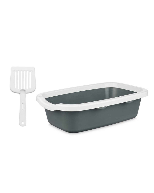Set of 11 Mascow plastic cat litter boxes in anthracite gray, measuring 25x11x2 cm and 0.38x16x58.5 cm, suitable for cats.