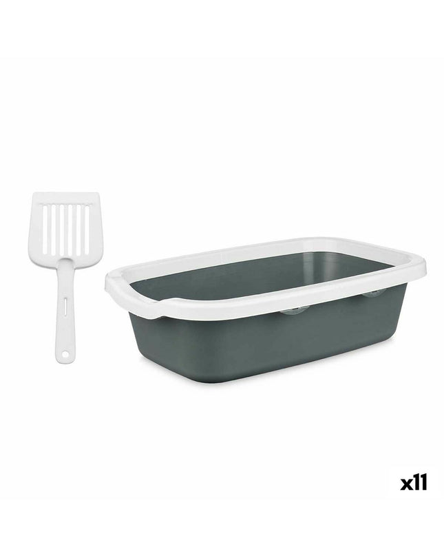 Set of 11 Mascow plastic cat litter trays in gray and black, measuring 25 x 11 x 2 cm and 0.38 x 16 x 58.5 cm.