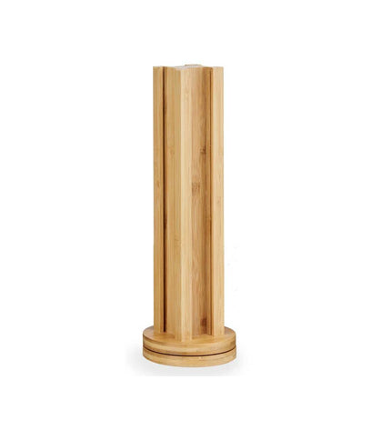 Set of six Kinvara bamboo coffee capsule holders with rotating base, measuring 11 x 11 x 34 cm and 11 x 30.5 x 11 cm, for kitchen use.