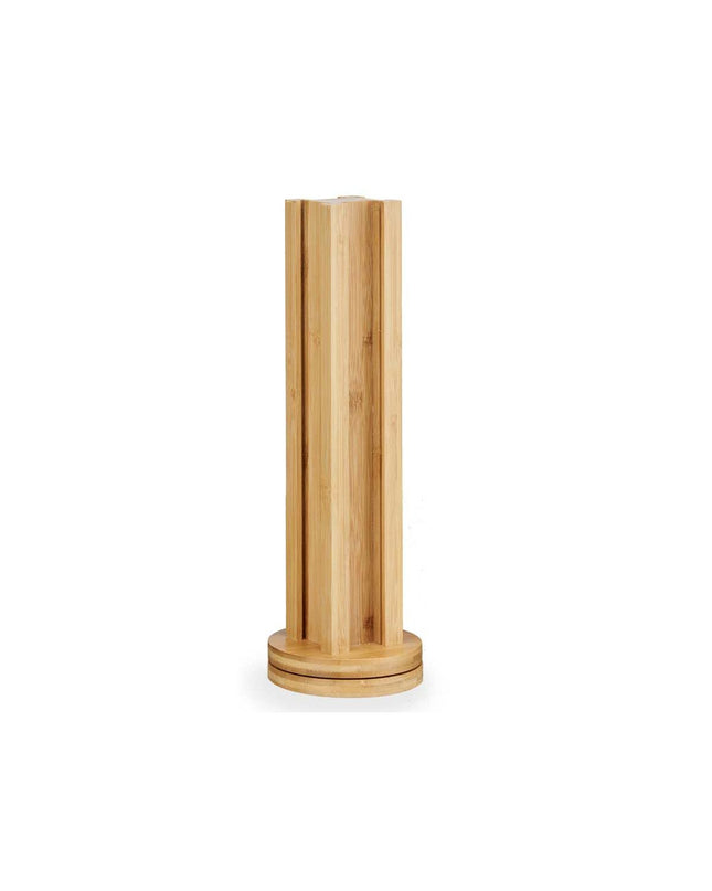 Set of six Kinvara bamboo coffee capsule holders with rotating base, measuring 11 x 11 x 34 cm and 11 x 30.5 x 11 cm, for kitchen use.