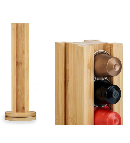 Set of six Kinvara bamboo coffee capsule holders with rotating design, measuring 11x11x34 cm and 11x30.5x11 cm, for organizing Koffie en thee.