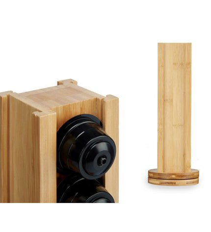 Set of six Kinvara bamboo coffee capsule holders with rotating lids, measuring 11x34x11 cm and 11x11x34 cm, for kitchen storage.
