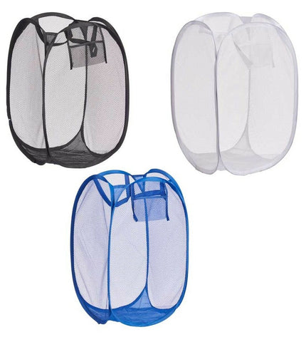 Blue, white, and black plastic Kipit laundry baskets stacked, measuring 33x33x58 cm, for household storage and organization.