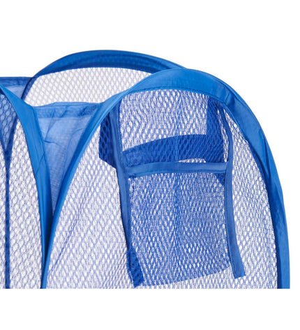 Kipit blue, white, and black plastic laundry baskets with dimensions 33x33x58 cm, shown in a stack for home storage and organization.