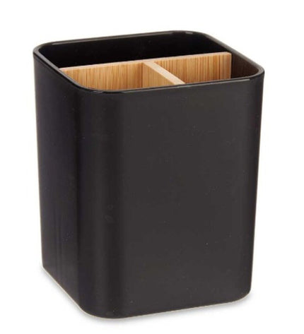Berilo black bamboo toothbrush holder set with six polypropyleen holders, 9x11x9 cm, for bathroom organization and storage.