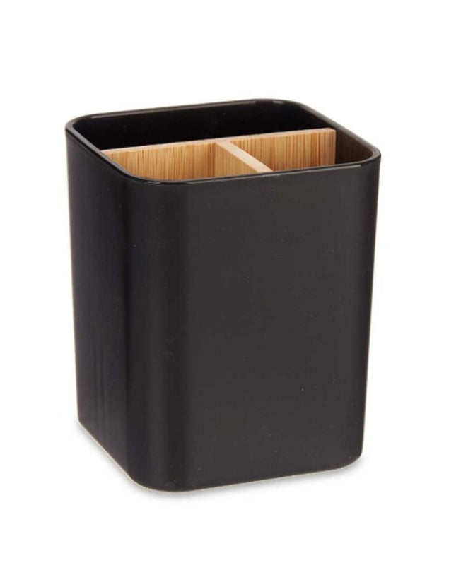 Berilo black bamboo toothbrush holder set with six polypropyleen holders, 9x11x9 cm, for bathroom organization and storage.