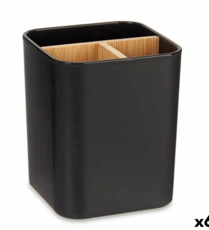 Set of six black bamboo toothbrush holders from Berilo, 9x11x9 cm, designed for bathroom organization and storage.