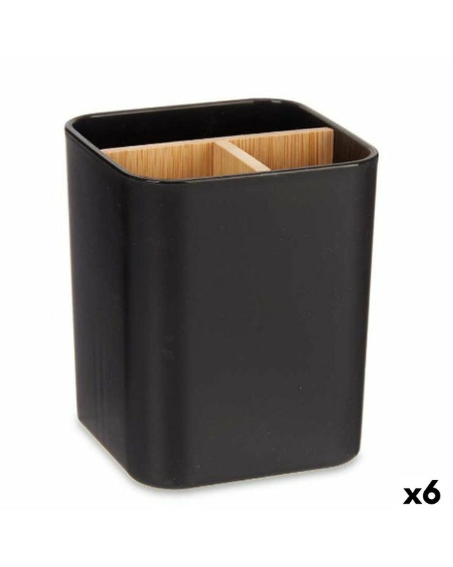 Set of six black bamboo toothbrush holders from Berilo, 9x11x9 cm, designed for bathroom organization and storage.