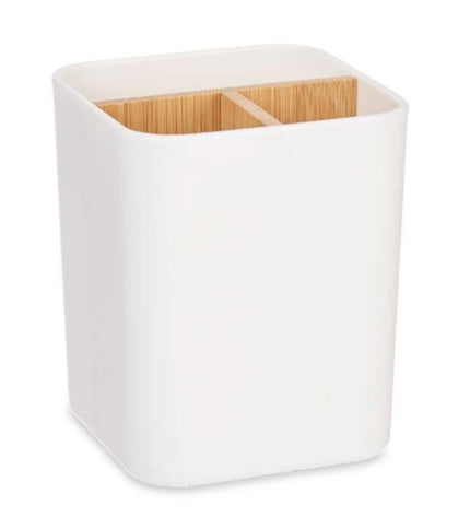 Set of six Berilo white bamboo toothbrush holders in polypropyleen, 9x11x9 cm, for bathroom organization.