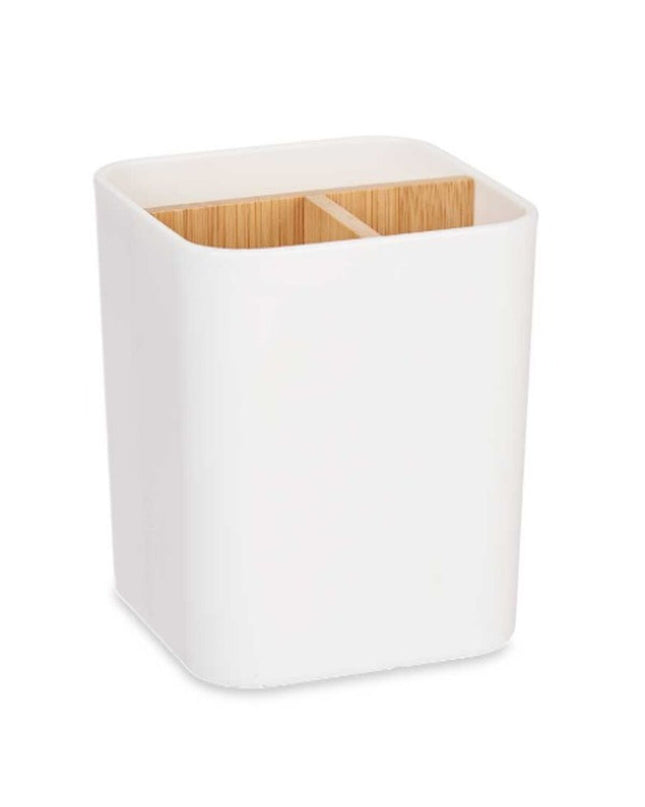 Set of six Berilo white bamboo toothbrush holders in polypropyleen, 9x11x9 cm, for bathroom organization.