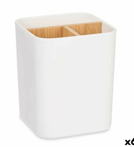 Set of six Berilo white bamboo toothbrush holders in polypropyleen, 9x11x9 cm, suitable for bathroom organization.