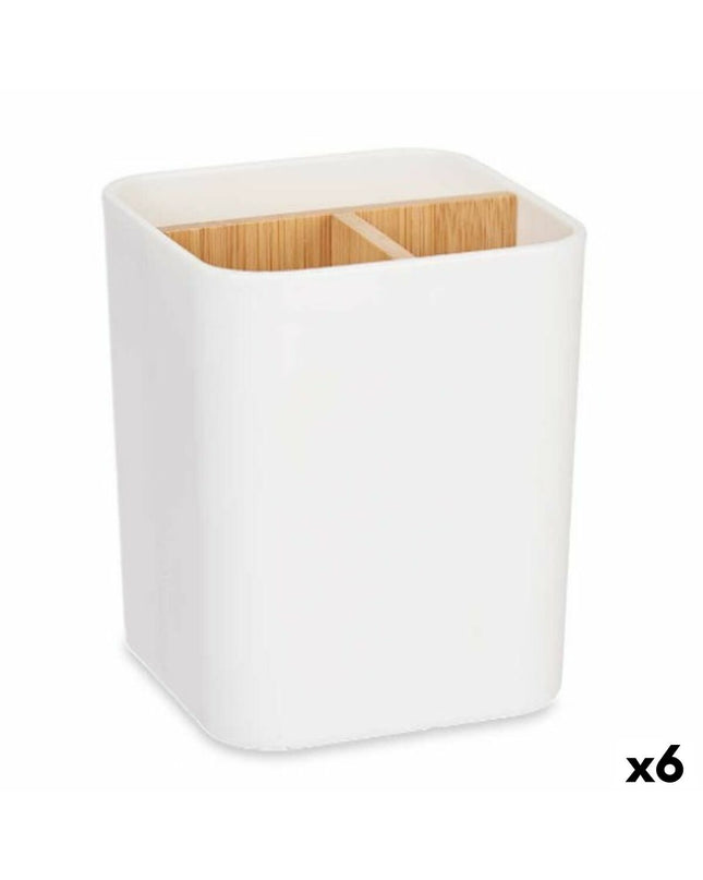 Set of six Berilo white bamboo toothbrush holders in polypropyleen, 9x11x9 cm, suitable for bathroom organization.