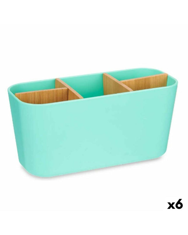 Green bamboo toothbrush holder by Berilo, made of polypropylene, 21x10x9 cm, set of six for bathroom organization.