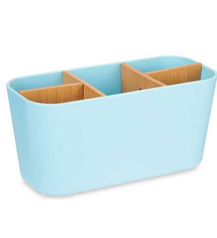 Set of six blue Berilo bamboo and polypropylene toothbrush holders, 21x10x9 cm, for bathroom organization and storage.