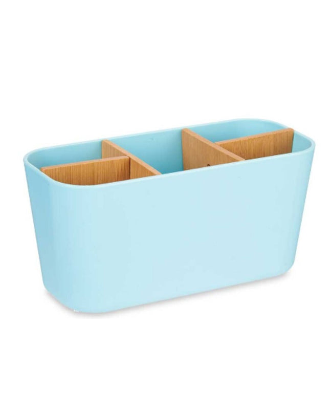 Set of six blue Berilo bamboo and polypropylene toothbrush holders, 21x10x9 cm, for bathroom organization and storage.