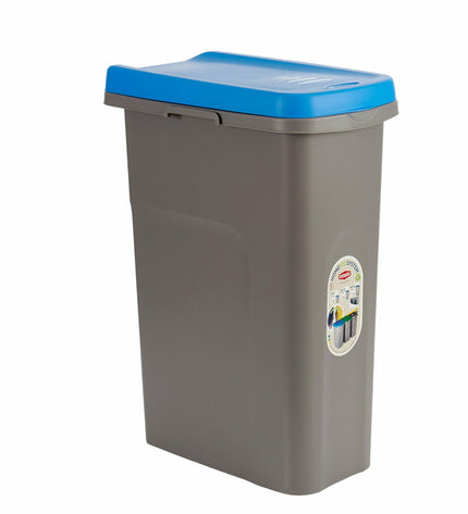 Set of six Stefanplast blue and gray 25L plastic waste bins for home storage and organization, no background.