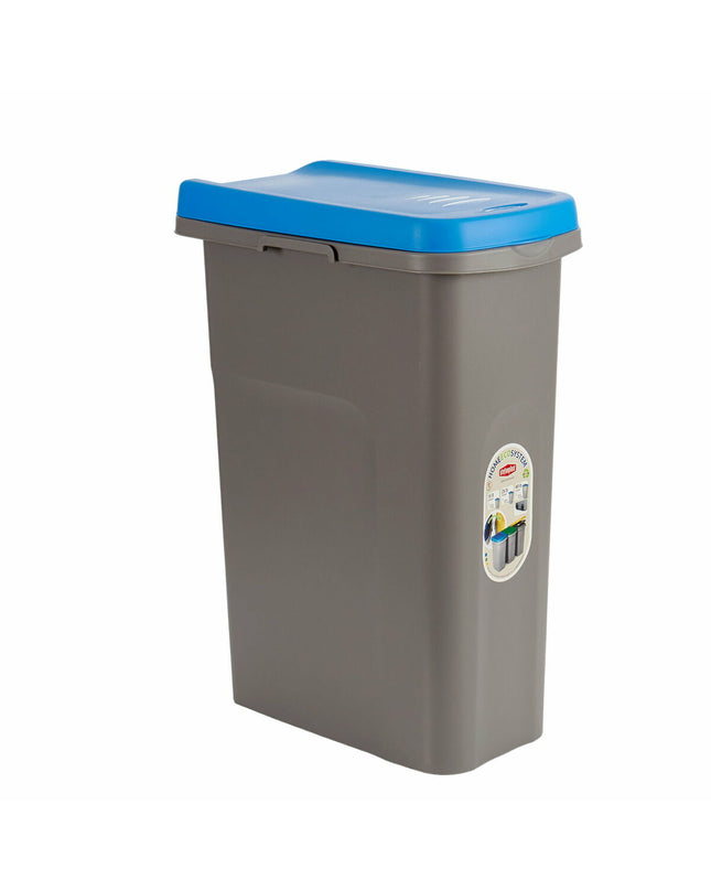 Set of six Stefanplast blue and gray 25L plastic waste bins for home storage and organization, no background.