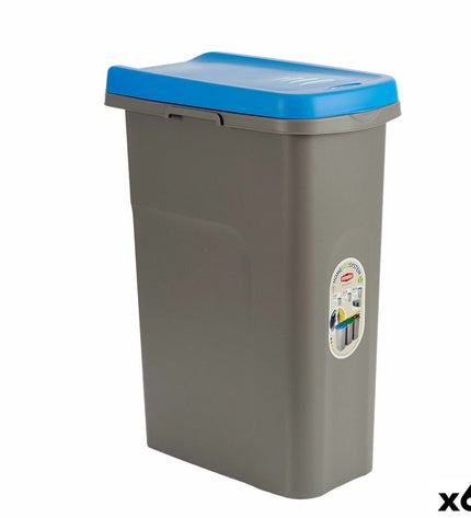 Set of six Stefanplast blue and gray 25L plastic waste bins for home and kitchen storage, no background, with lid icons.