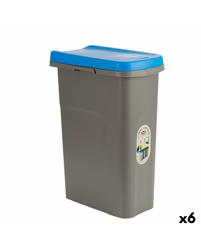 Set of six Stefanplast blue and gray 25L plastic waste bins for home and kitchen storage, no background, with lid icons.